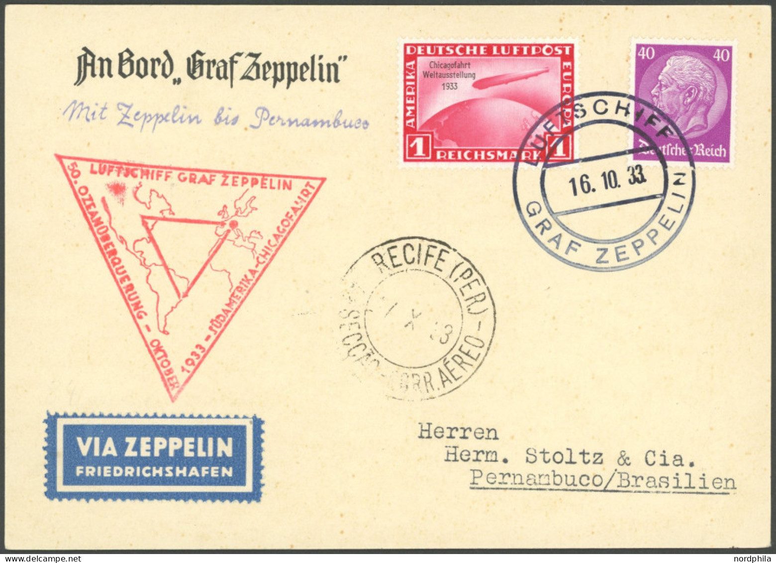 ZEPPELINPOST 238m BRIEF, 1933, Chicagofahrt, Europa-Recife, Bordpost, Prachtkarte - Luft- Und Zeppelinpost