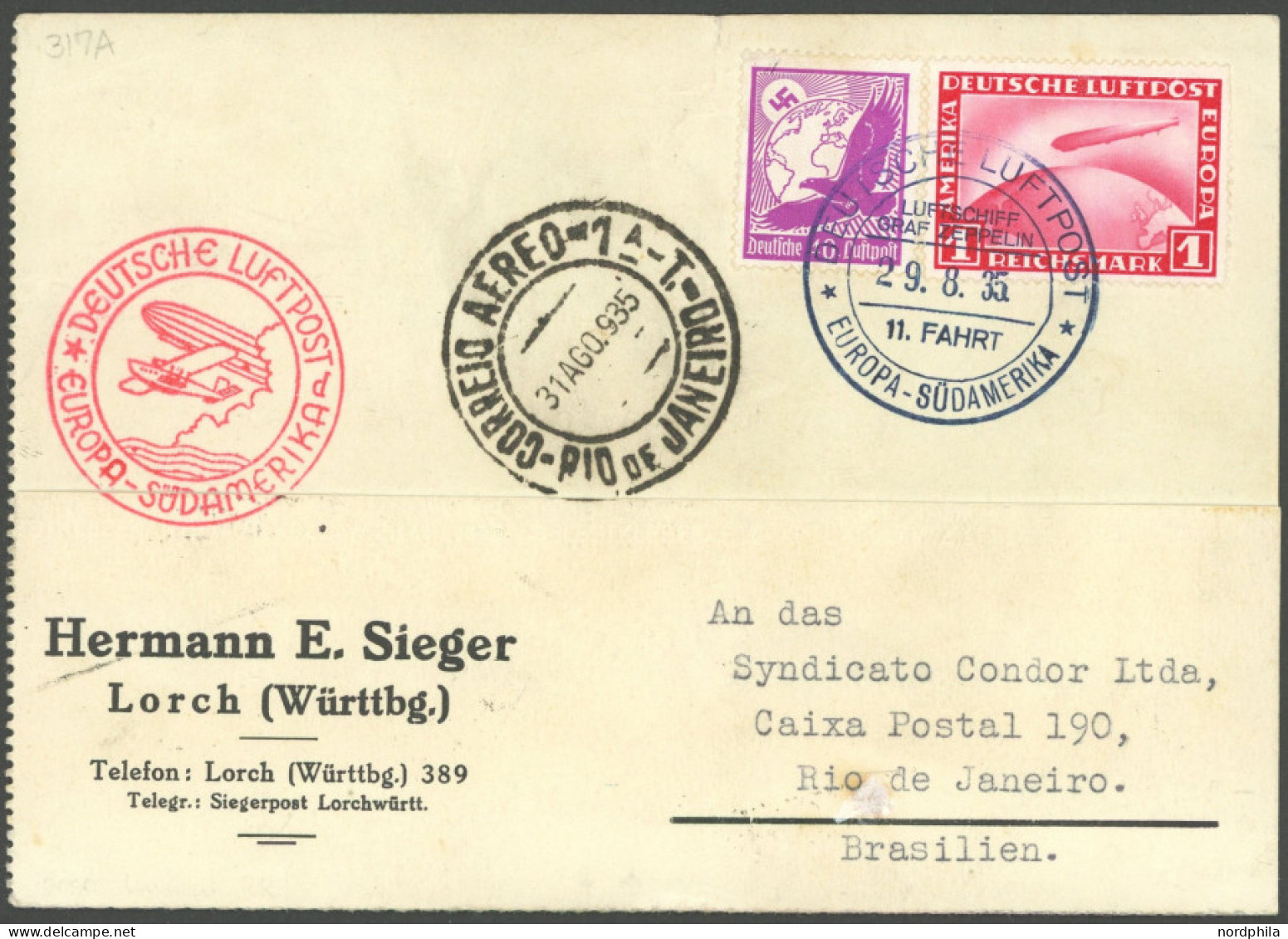 ZEPPELINPOST 317A BRIEF, 1935, 11. Südamerikafahrt, Bordpost, Karte Feinst (oben Einriss) - Airmail & Zeppelin