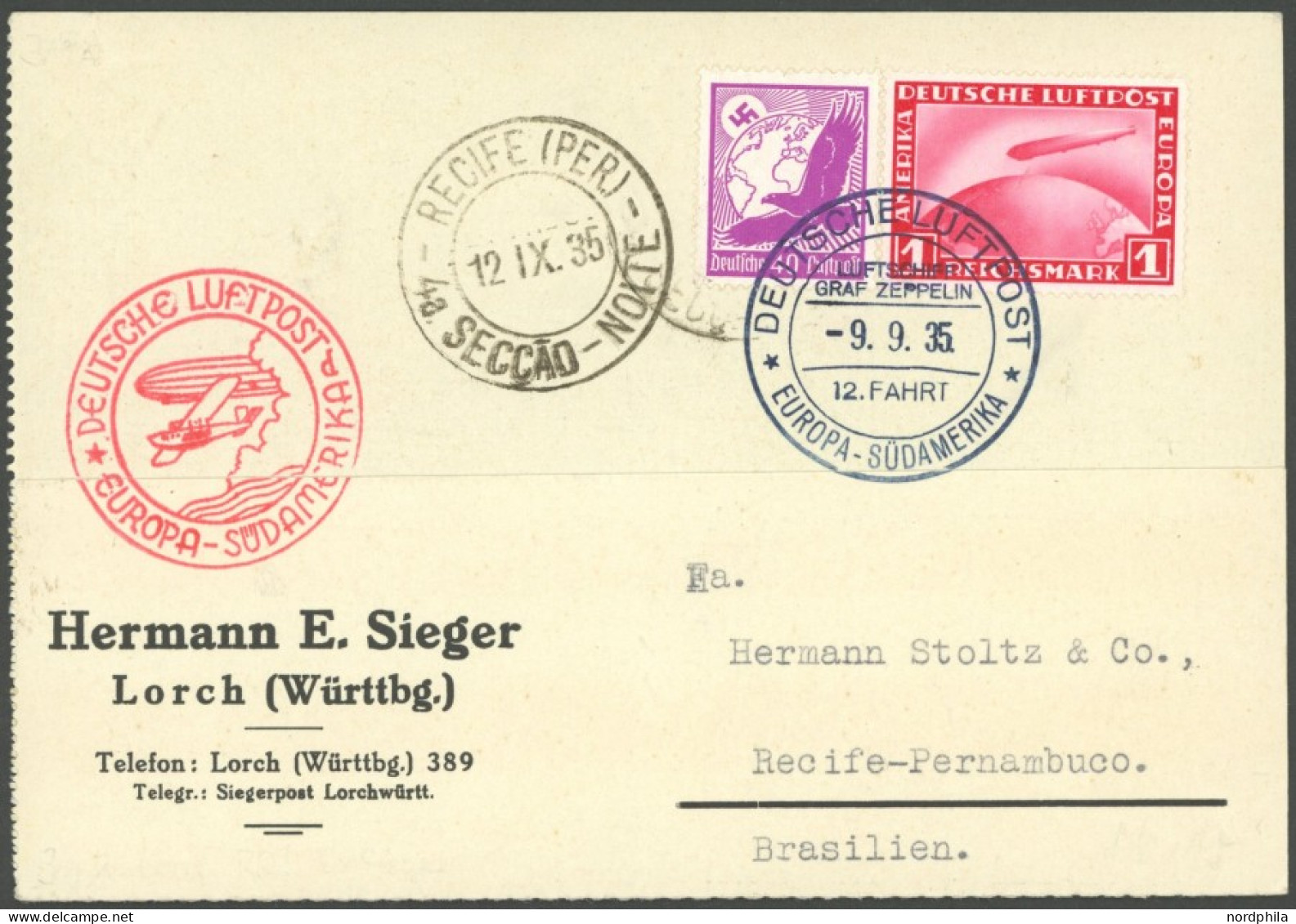 ZEPPELINPOST 319A BRIEF, 1935, 12. Südamerikafahrt, Bordpost, Prachtkarte - Luft- Und Zeppelinpost