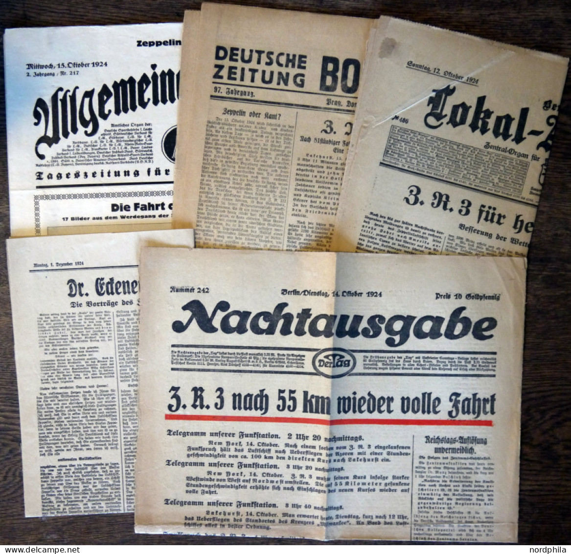 ZEPPELINPOST 1924, Der Legendäre Amerika-Zeppelin ZR 3: 5 Verschiedene Zeitungen Mit Zeppelin-Schlagzeilen - Luft- Und Zeppelinpost