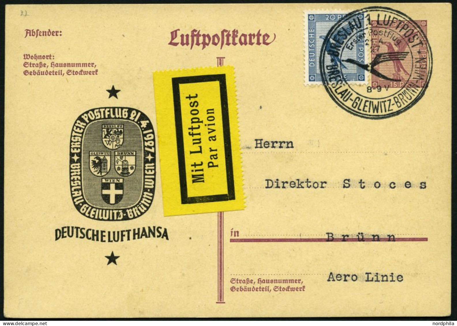 ERST-UND ERÖFFNUNGSFLÜGE 27.17.02 BRIEF, 21.4.1927, Breslau-Brünn Auf LPP 104, Pracht - Zeppelins