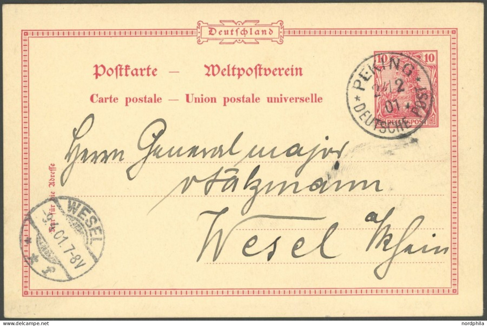 DP CHINA AP 53 BRIEF, Petschili: 1901, 10 Pf. Reichspost - Ganzsachenkarte Mit Stempel PEKING 24.2.01 Nach Wesel, Pracht - Deutsche Post In China