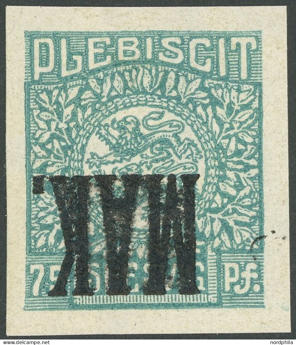 SCHLESWIG 10P 2K , 1920, 75 Pf. Dunkelblaugrün, Ungezähnter Probedruck Mit Kopfstehendem Aufdruck MAK, Postfrisch, Prach - Other & Unclassified