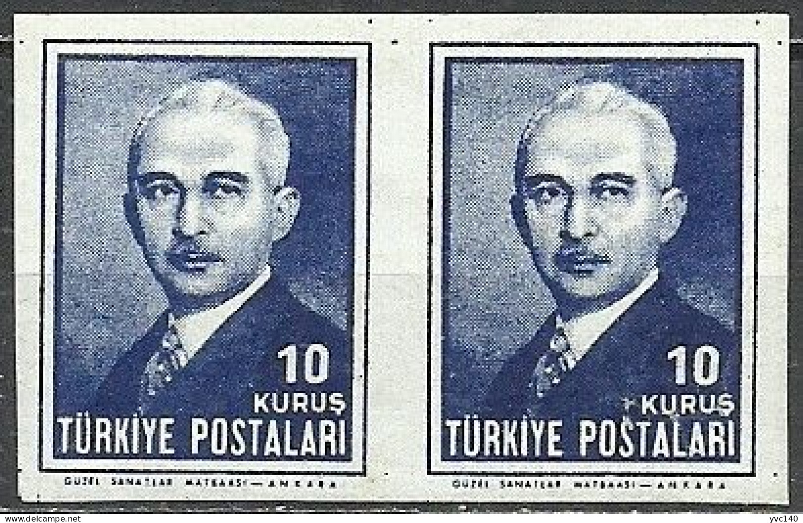 Turkey; 1946 3rd Inönü Issue 10 K. ERROR "Imperf. Pair" - Unused Stamps