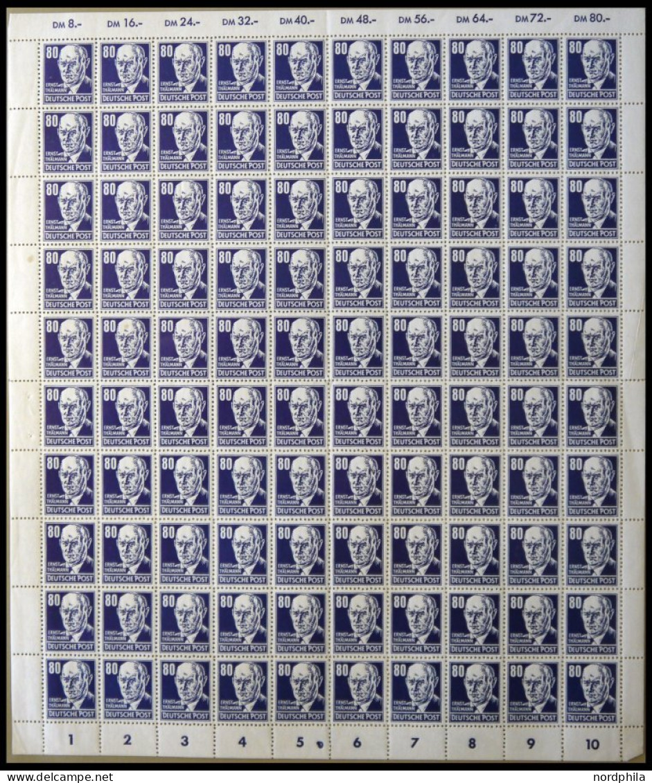 DDR 339vaXI , 1952, 80 Pf. Thälmann, Gestrichenes Papier, Wz. 2XI, Im Bogen (100), Dabei 2x Plattenfehler 339PFIII (Feld - Used Stamps