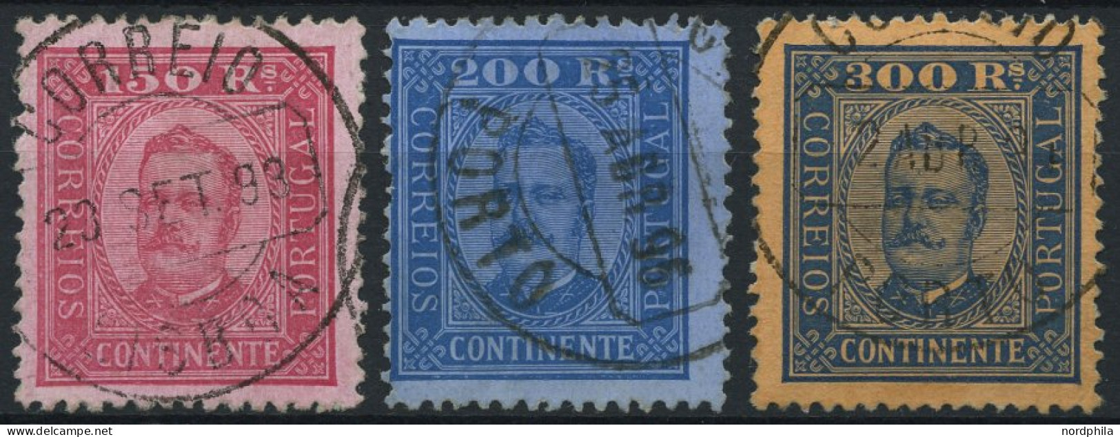 PORTUGAL 75-77 O, 1893, 150 - 300 R. König Carlos I, 3 Werte üblich Gezähnt Pracht, Mi. 235.- - Used Stamps