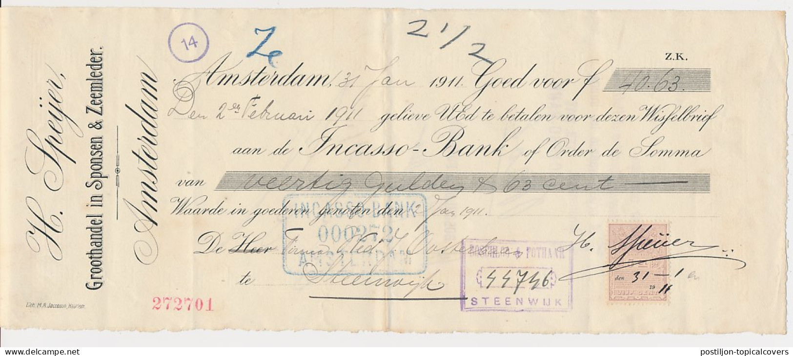 Plakzegel 5 Ct Den 19.. - Wisselbrief Amsterdam 1911 - Steuermarken