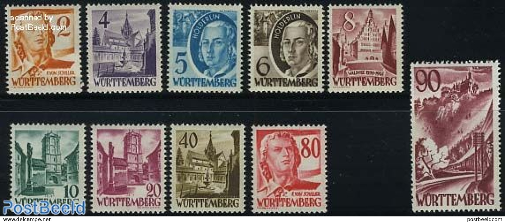 Germany, French Zone 1948 Wurttemberg, Definitives 10v, Mint NH, Religion - Cloisters & Abbeys - Art - Authors - Castl.. - Abdijen En Kloosters