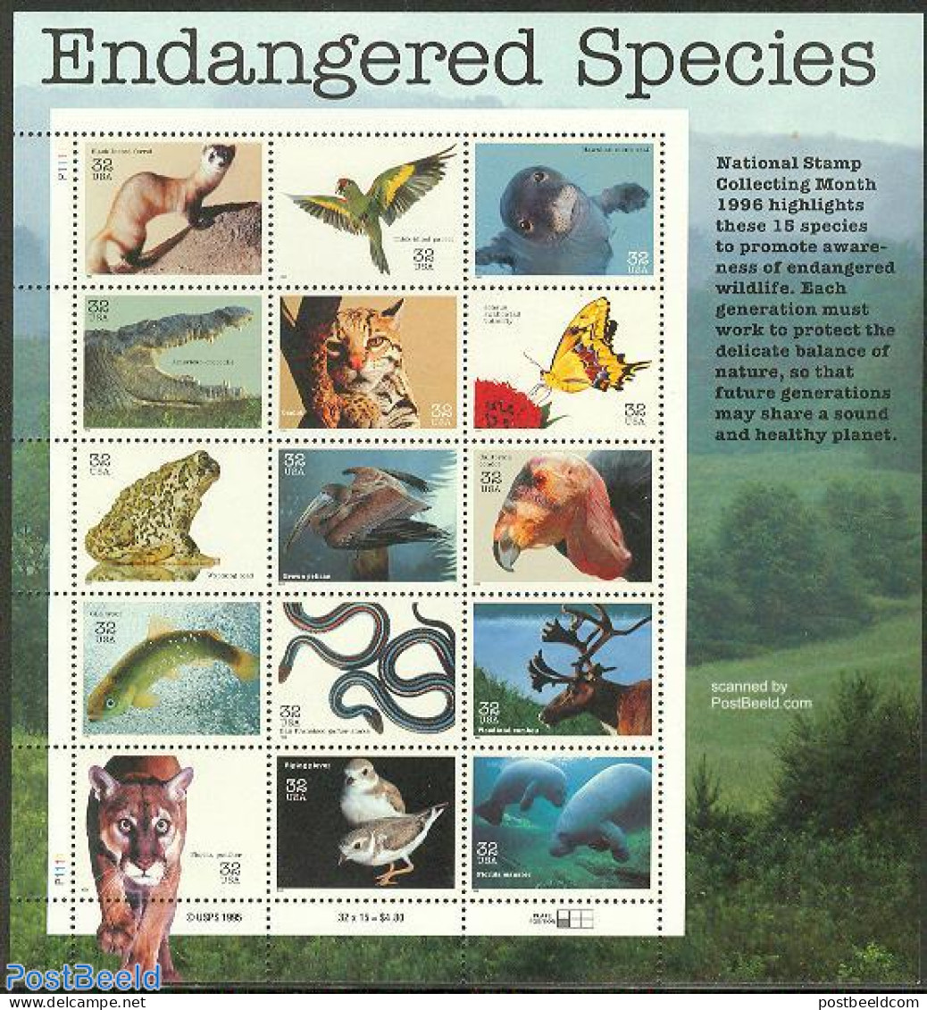 United States Of America 1996 Endangered Animals 15v M/s, Mint NH, Nature - Animals (others & Mixed) - Birds - Butterf.. - Neufs