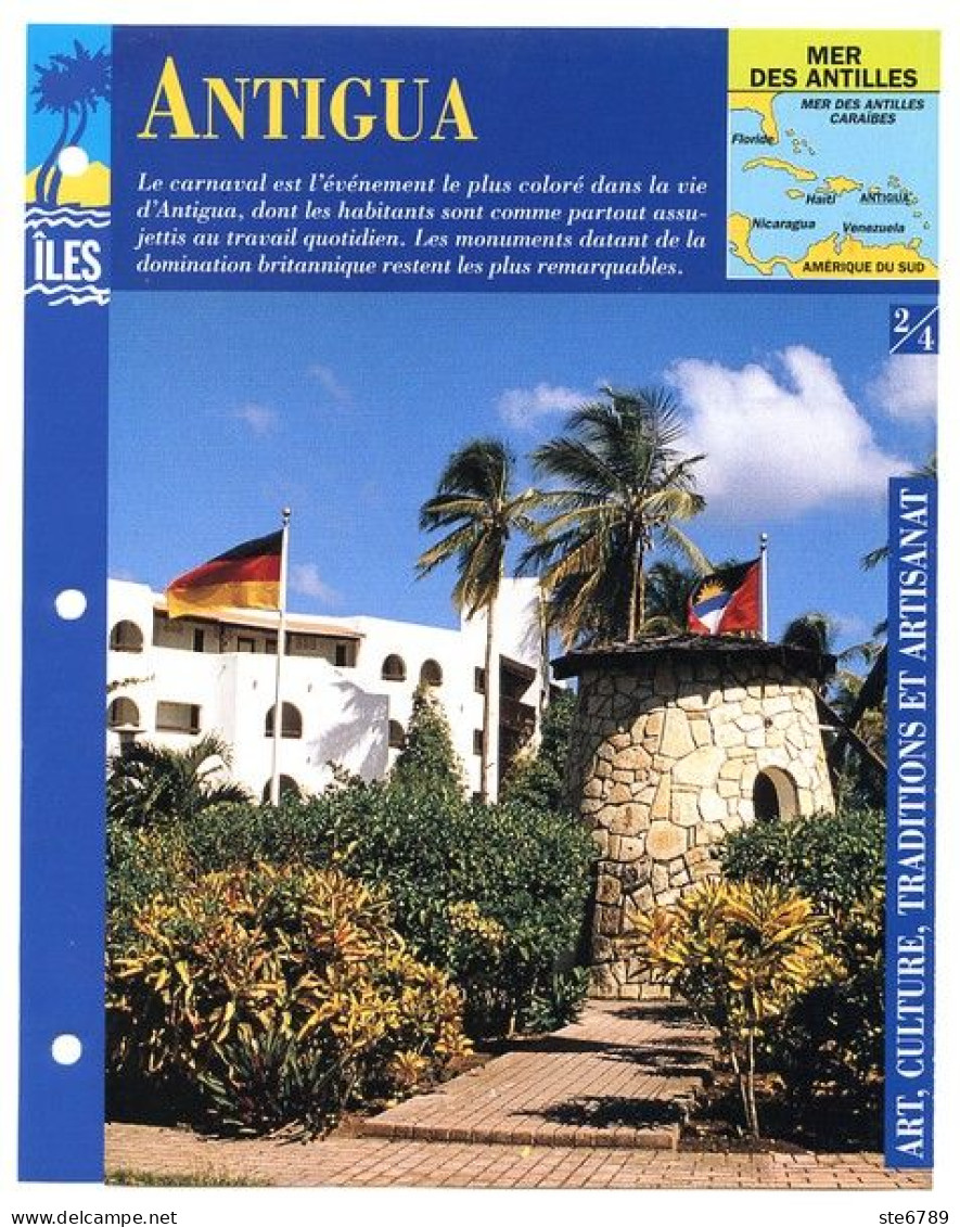 ILE ANTIGUA  2/4 Série Iles Mer Des Antilles Géographie Art Culture Traditions Et Artisanat Fiche Dépliante - Geographie