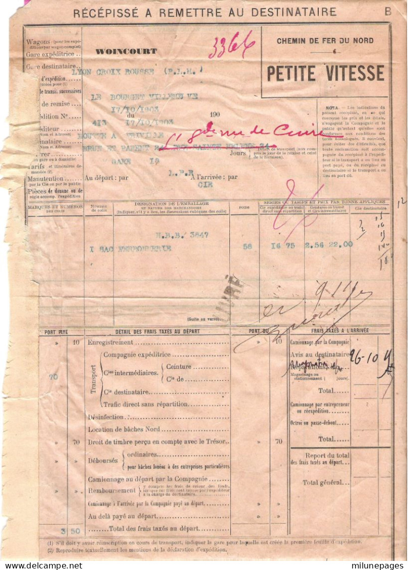 Récepissé Destinataire Petite Vitesse Chemins De Fer Du Nord Gare De Woincourt 1903 Pour Lyon 1 Sac De Ferronnerie - Autres & Non Classés