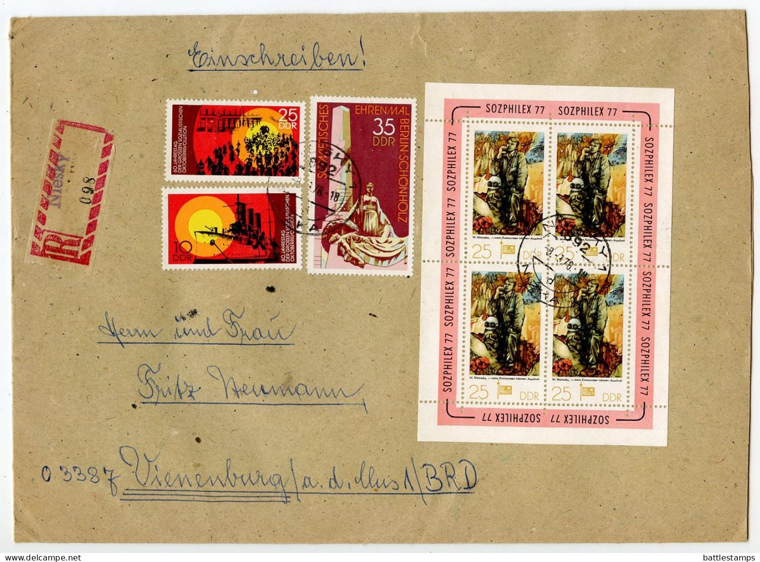 Germany East 1978 Registered Cover; Niesky To Vienenburg; Stamps - SOZPHILEX 77, Russian Revolution & Soviet Memorial - Briefe U. Dokumente