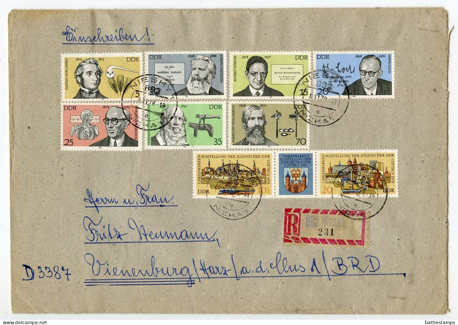 Germany East 1978 Registered Cover; Niesky To Vienenburg; Stamps - Cottbus Se-tenet & Famous Germans (full Set) - Briefe U. Dokumente