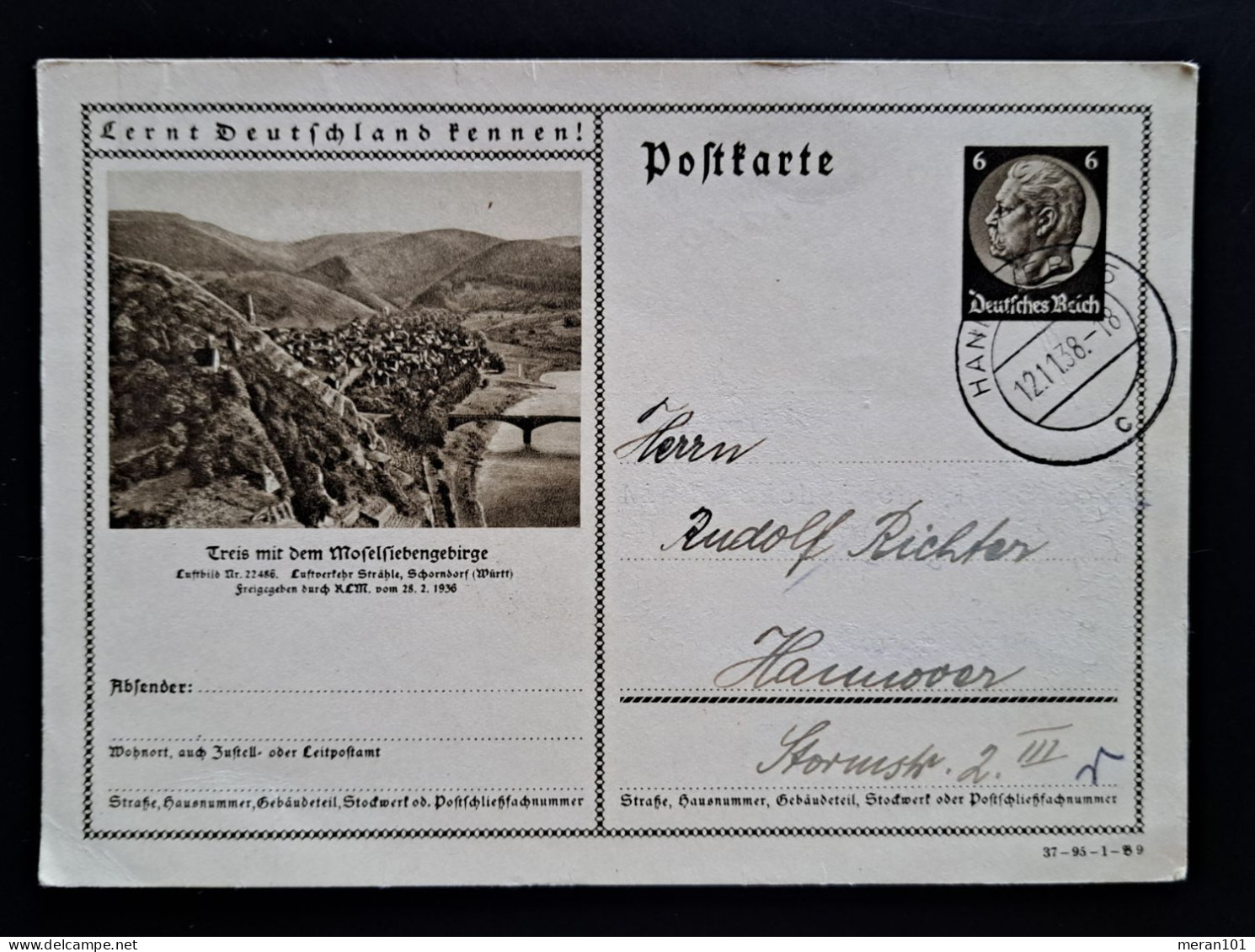 Deutsches Reich 1938, Bildpostkarte P236 HANNOVER "Moselsiebengebirge" - Postkarten