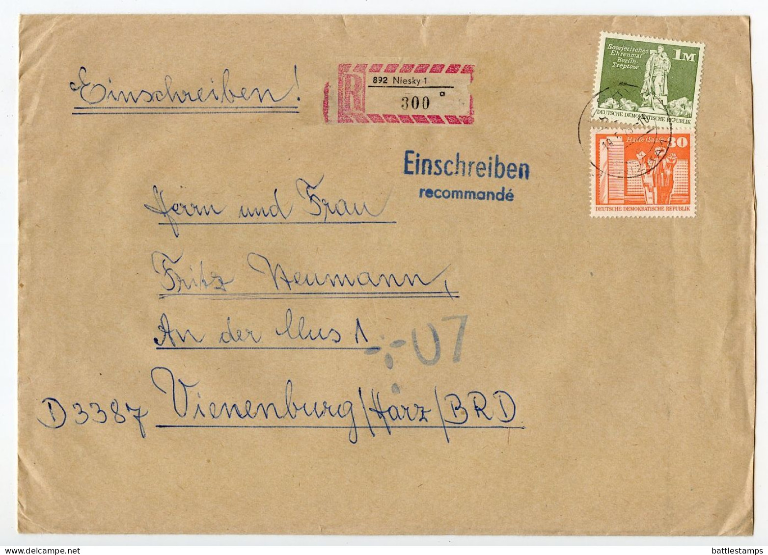 Germany East 1979 Registered Cover; Niesky To Vienenburg; Stamps - 30pf. Halle (Saale) & 1m. Soviet War Memorial - Covers & Documents