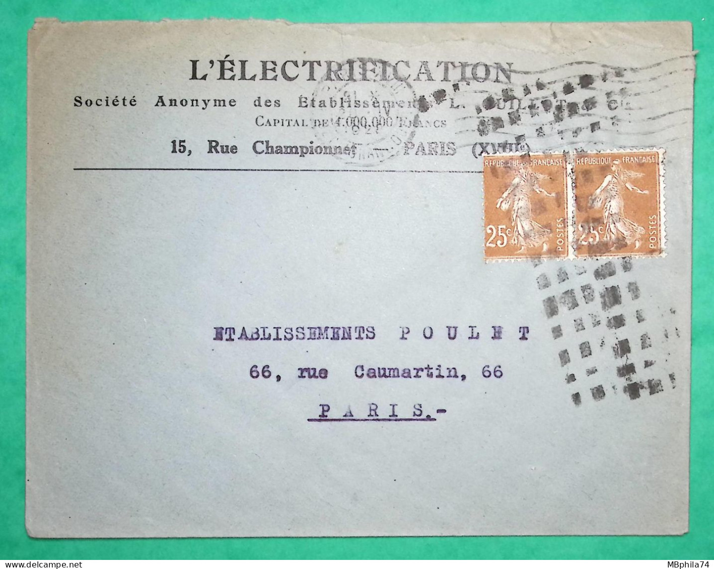 N°235 PAIRE SEMEUSE OBLITERATION ROULETTE DE GROS POINT PARIS ENVELOPPE ENTETE L'ELECTRIFICATION 1928 COVER FRANCE - 1906-38 Semeuse Camée