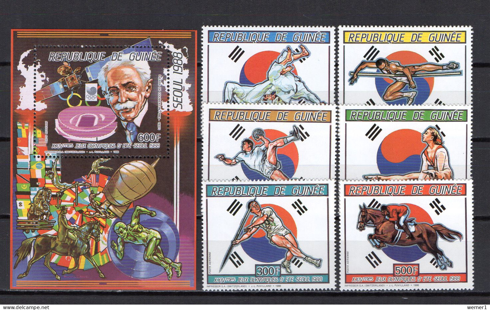 Guinea 1987 Olympic Games Seoul, Space, Judo, Handball, Equestrian, Athletics Set Of 6 + S/s MNH - Estate 1988: Seul