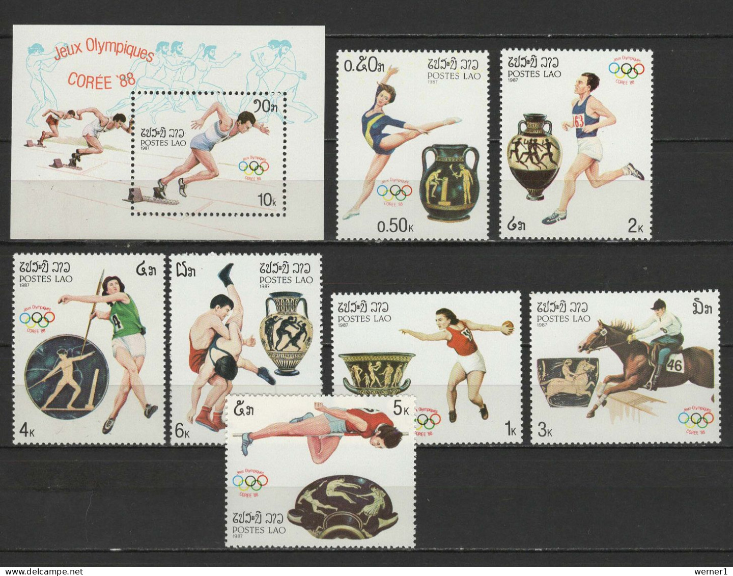 Laos 1987 Olympic Games Seoul, Athletics, Wrestling, Equestrian, Javelin Set Of 7 + S/s MNH - Estate 1988: Seul