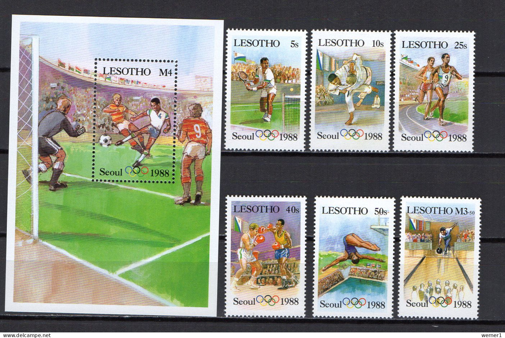 Lesotho 1987 Olympic Games Seoul, Football Soccer, Tennis, Judo, Etc. Set Of 6 + S/s (correct Flag) MNH - Estate 1988: Seul