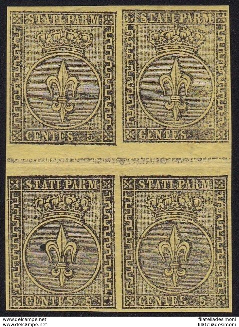 1852 PARMA 5 Cent Giallo N° 1a Quartina Con Interspazi Verticali  MLH/*  RARA - Parme