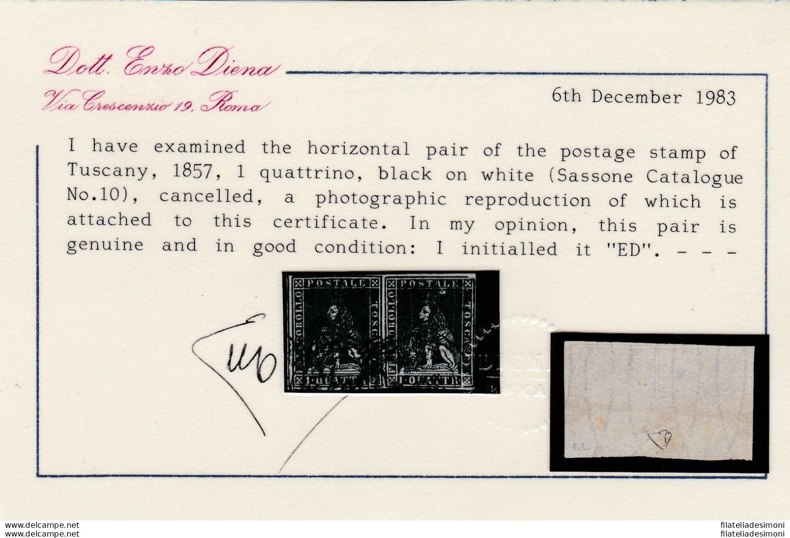 1857 TOSCANA, N° 10 1 Q. Nero  COPPIA USATA  Certificato E.Diena - Tuscany