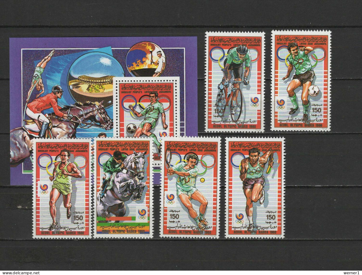 Libya 1988 Olympic Games Seoul, Football Soccer, Cycling, Equestrian, Tennis Etc. Set Of 6 + S/s MNH - Estate 1988: Seul