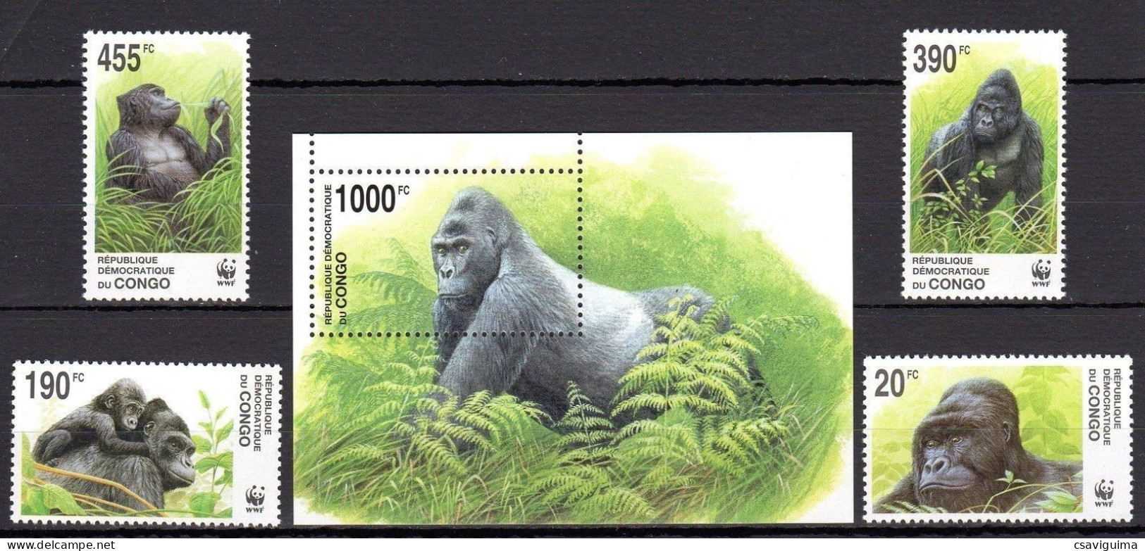 Congo - 2002 - Mammals: Gorilla - Yv 1539/43 + Bf 69 - Gorillas