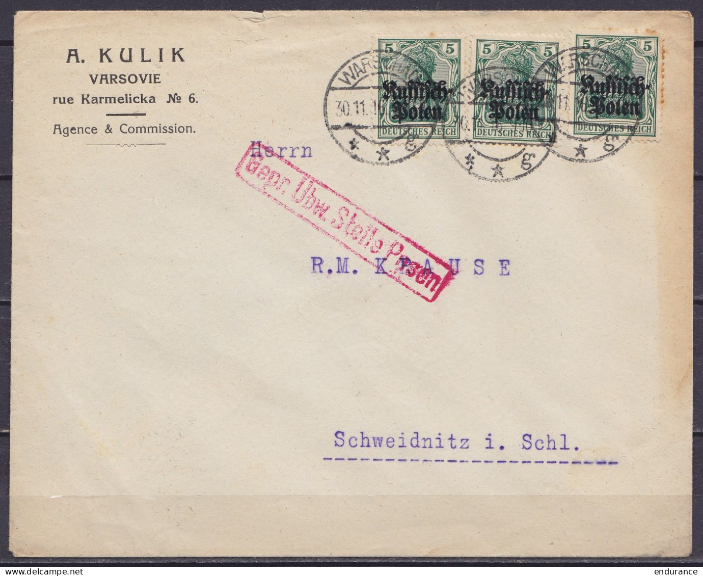 Occupation Allemande En Pologne - L. Affr. 3x 5pf Càpt WARSCHAU /30.11.1916 (Varsovie) Pour SCHWEIDNITZ (Œwidnica) - Gri - Covers & Documents