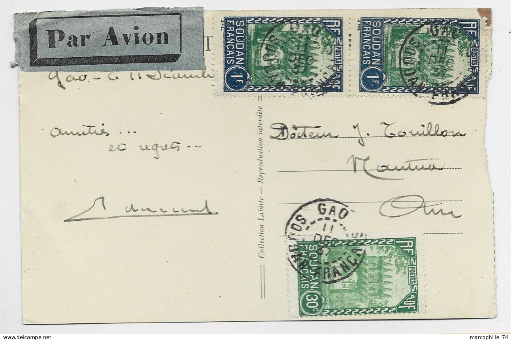 SOUDAN FRANCAIS 1FRX2+30C CARTE 5 MOTS AVION GAO 11 DEC 1937 SOUDAN FRANCAIS - Lettres & Documents