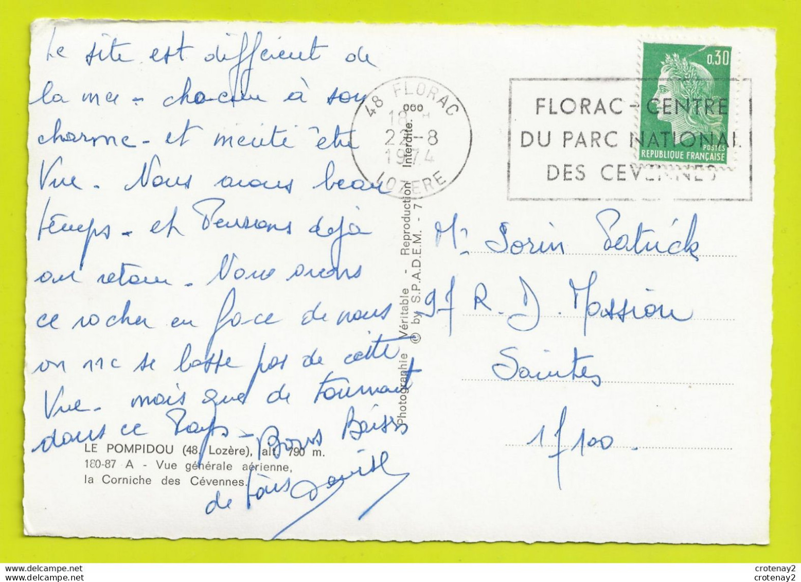 48 LE POMPIDOU N°180.87 Vue Générale Aérienne La Corniche Des Cévennes VOIR DOS Et Flamme De FLORAC En 1974 - Florac