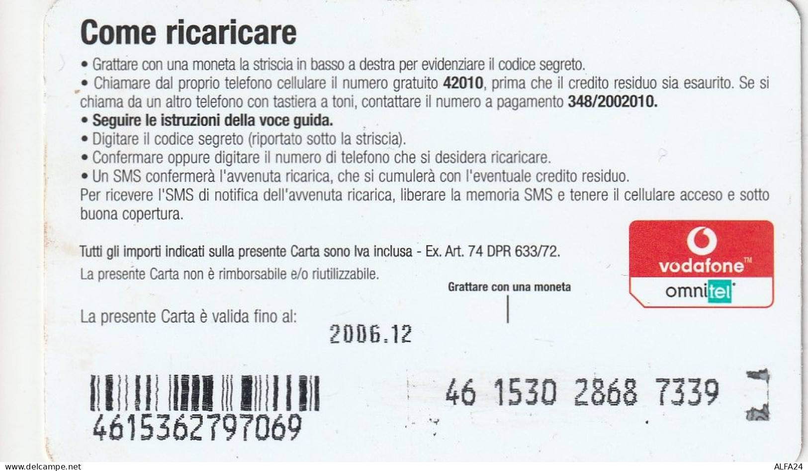 RICARICA VODAFONE  (CZ1285 - Cartes GSM Prépayées & Recharges