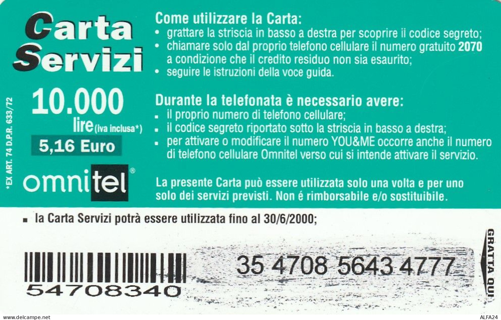 CARTA SERVIZI OMNITEL  (CZ1080 - Cartes GSM Prépayées & Recharges