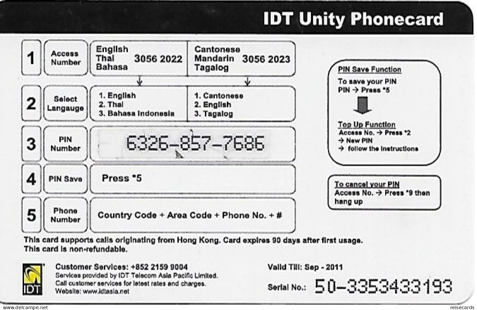 Hongkong: Prepaid IDT - Unity 09.11 - Hongkong