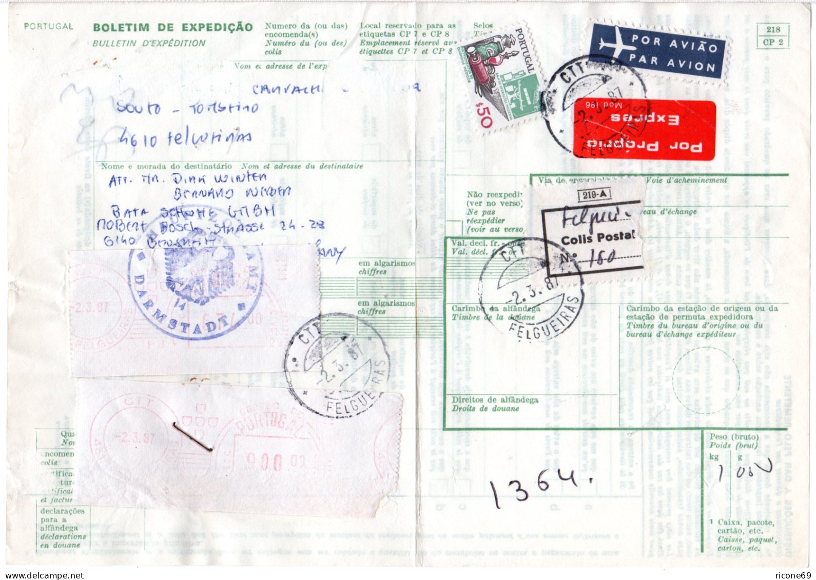 Portugal 1987, $50+2 Freistempeletiketten Auf Express Paketkarte V. Felgueras - Sonstige & Ohne Zuordnung