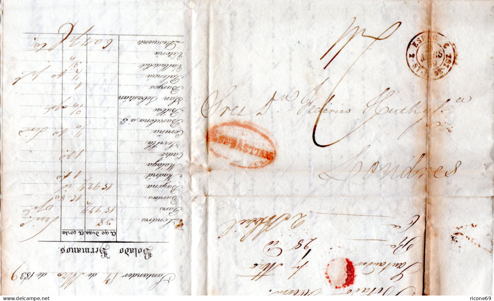 Spanien 1839, Brief V. San Sebastian N. GB M. Bolado Hermanos Firmendruck  - Storia Postale