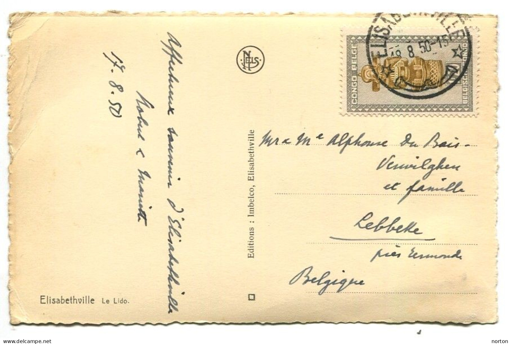 Congo Elisabethville Oblit. Keach 8B2 Sur C.O.B. 285A Sur Carte Postale Vers Leebekke Le 18/08/1950 - Lettres & Documents