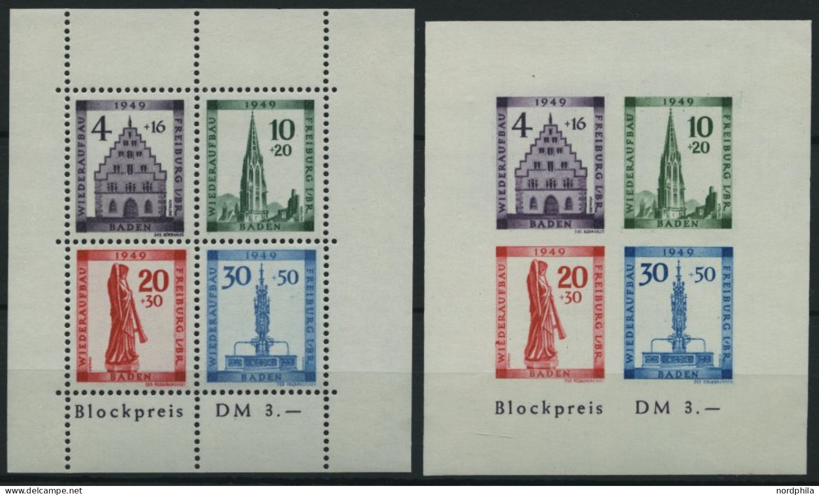 BADEN Bl. 1A/B **, 1949, Blockpaar Freiburg, Pracht, Mi. 150.- - Baden