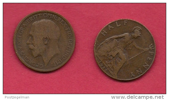 UK, 1919, Very Fine Used Coin, 1/2 Penny, George V, Bronze,  , KM 809,  C2220 - C. 1/2 Penny