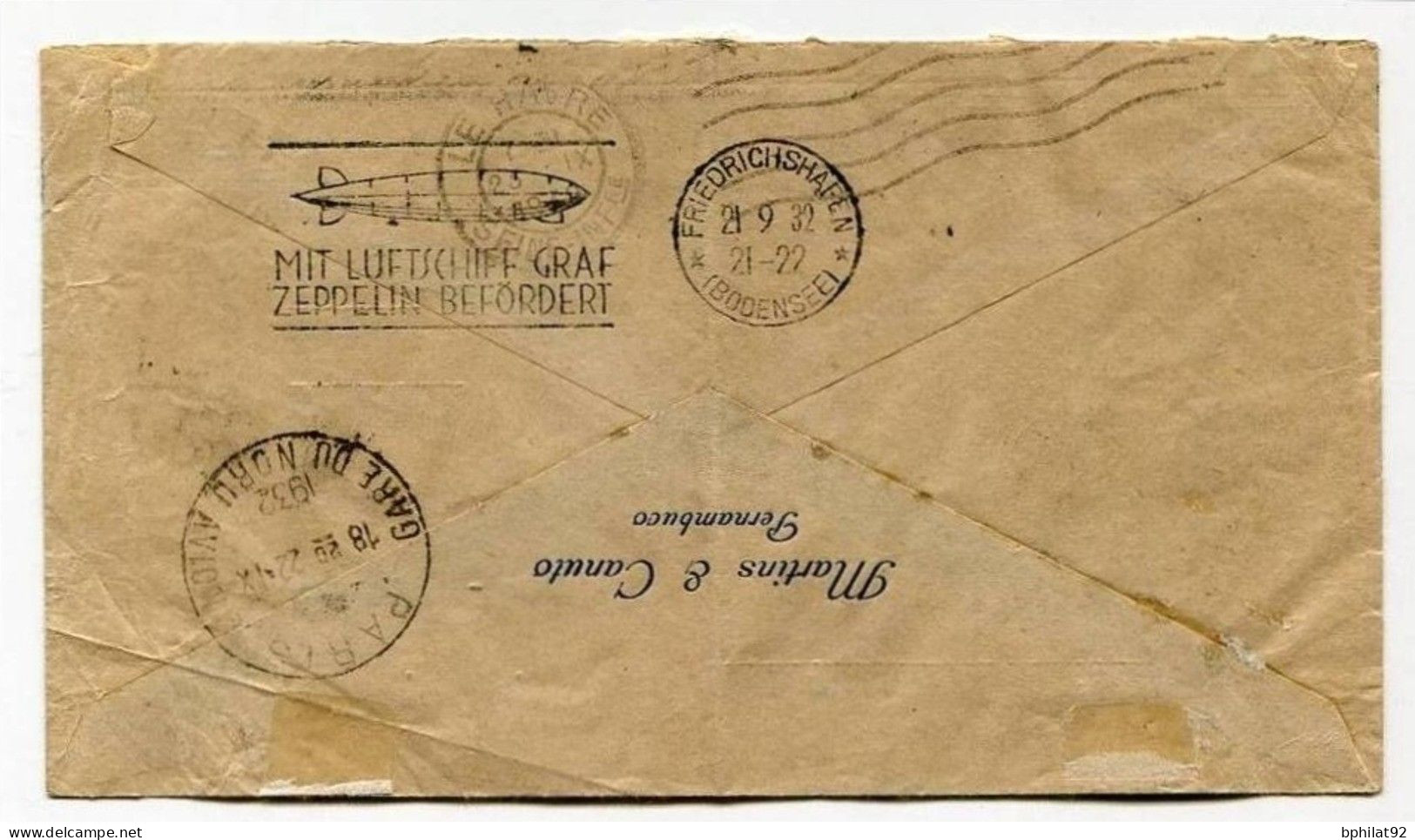 !!! LETTRE DU BRESIL POUR LA FRANCE PAR ZEPPELIN, CACHET CONDOR ZEPPELIN SERVICE TRANSATLANTIQUE 1932 - Covers & Documents