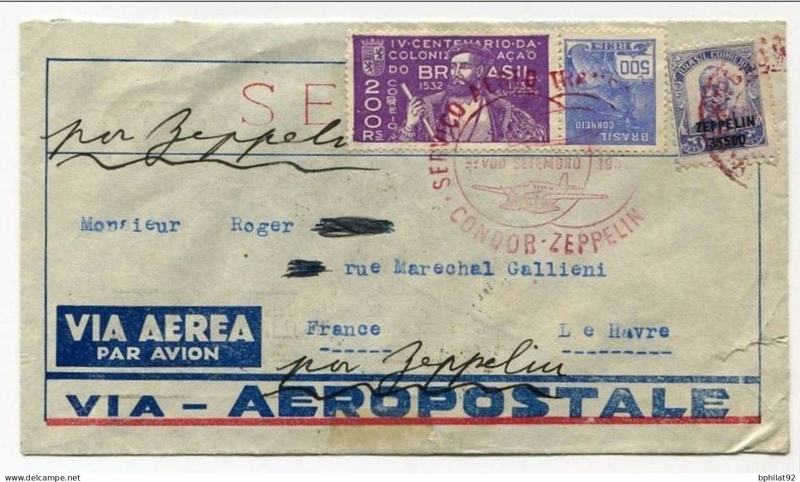 !!! LETTRE DU BRESIL POUR LA FRANCE PAR ZEPPELIN, CACHET CONDOR ZEPPELIN 1932 - Poste Aérienne