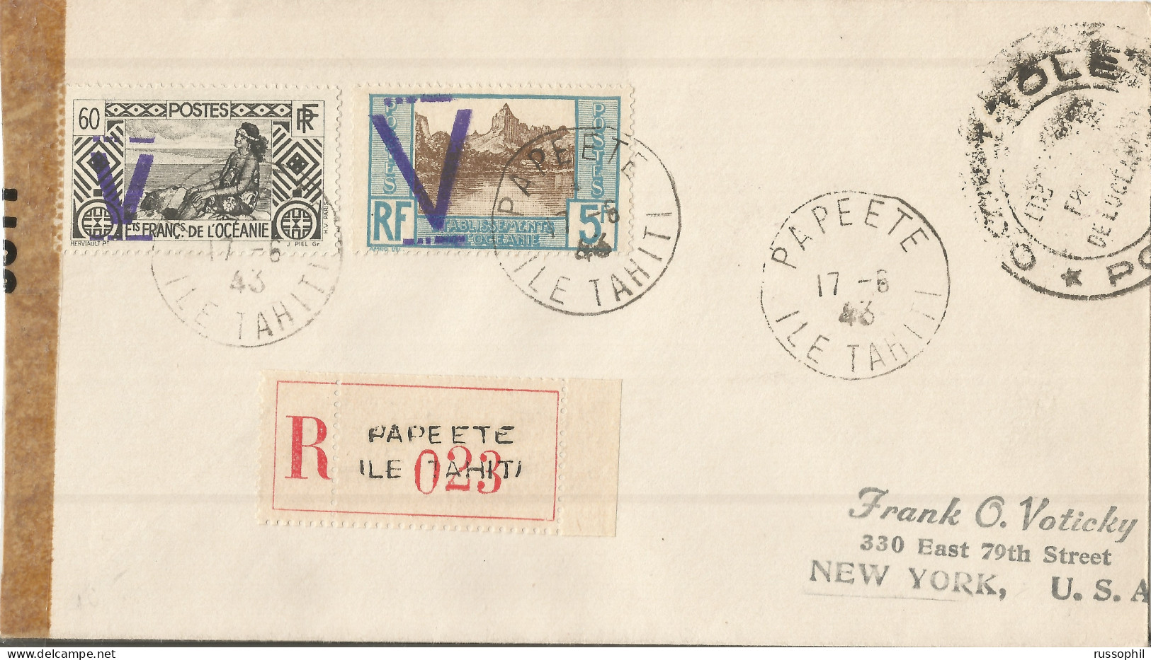 OCEANIE -  WW2 - 5 FR 60 CENT. FRANKING ON REGISTERED COVER FROM PAPEETE TO THE USA - 1943 - Storia Postale