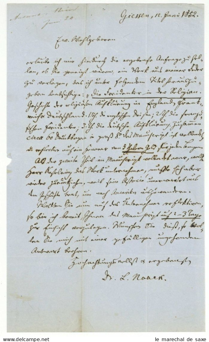Philosophie Psychologie Ludwig Noack (1819-1885) Autograph Gießen 1852 Hessen - Inventori E Scienziati