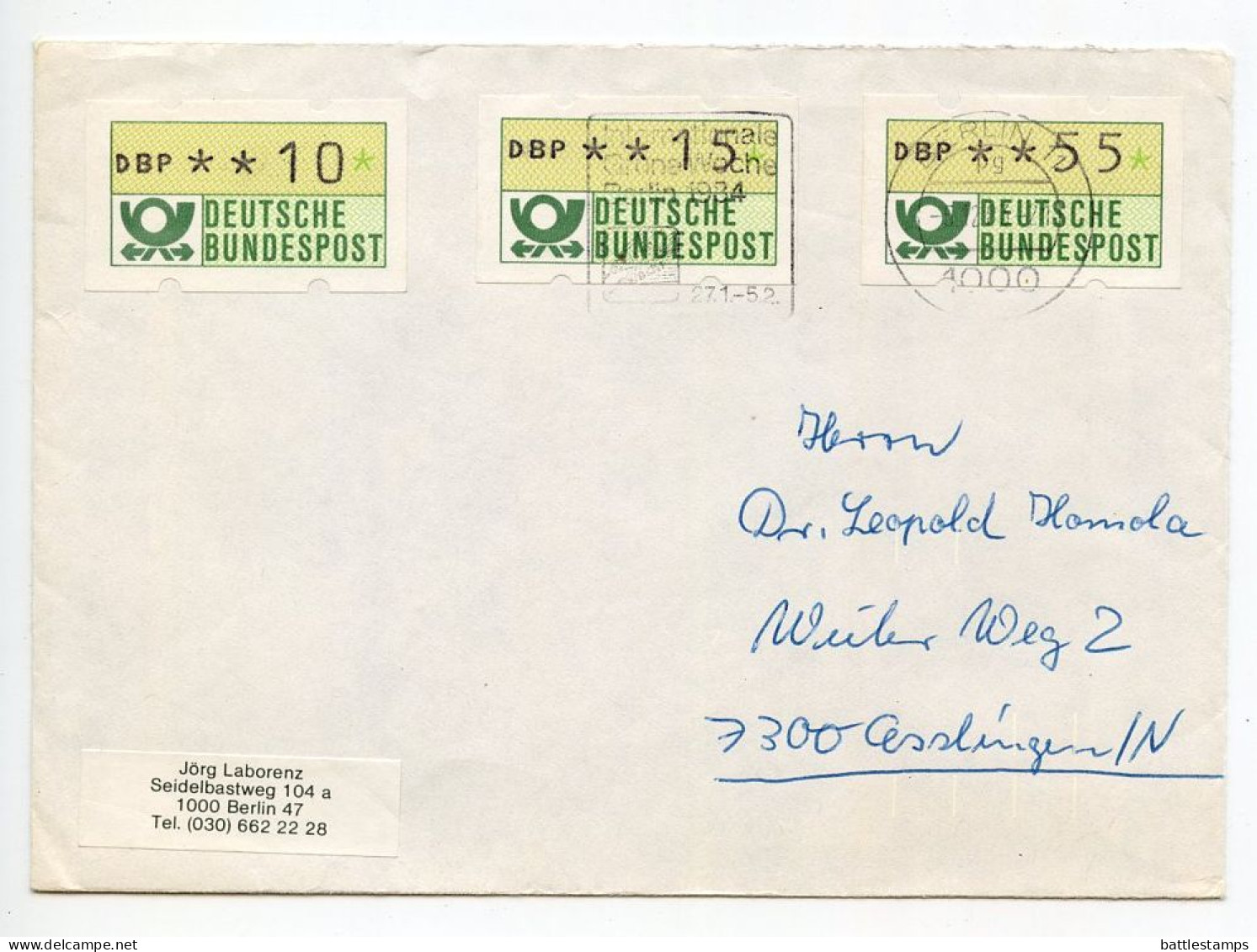 Germany, Berlin 1983 Cover; Berlin To Esslingen; ATM/Frama 10pf., 15pf. & 55pf. Stamps; Green Week Slogan Cancel - Machine Labels [ATM]