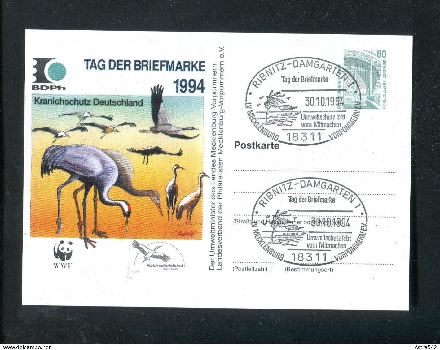 "BUNDESREPUBLIK DEUTSCHLAND" 1994, Privat-Postkarte "Kranich-Schutz" SSt. "RIBNITZ-DAMGARTEN" (A1179) - Privé Postkaarten - Gebruikt