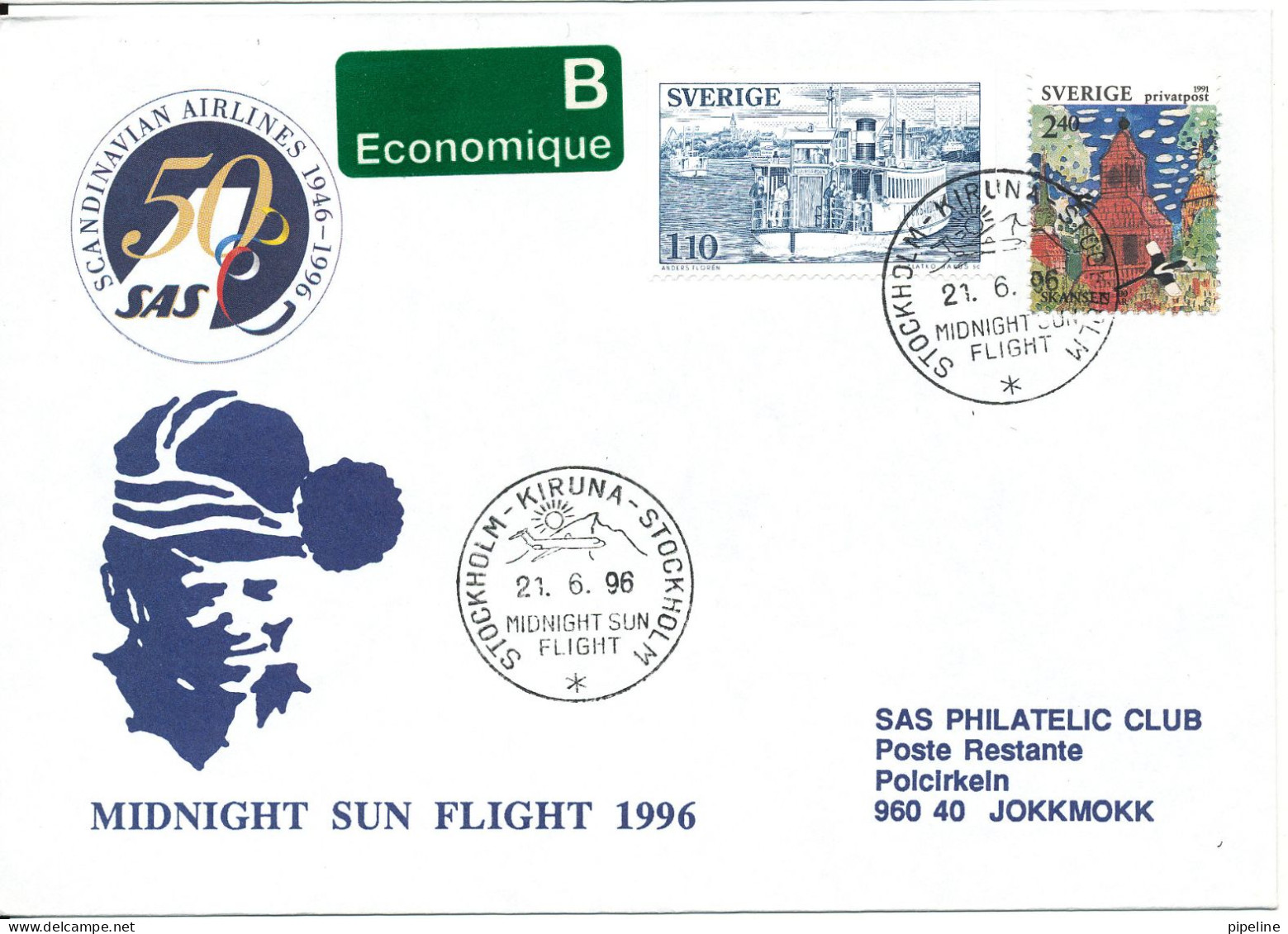 Sweden Cover SAS Midnight Sun Flight Stockholm - Kiruna - Stockholm 21-6-1996 - Lettres & Documents