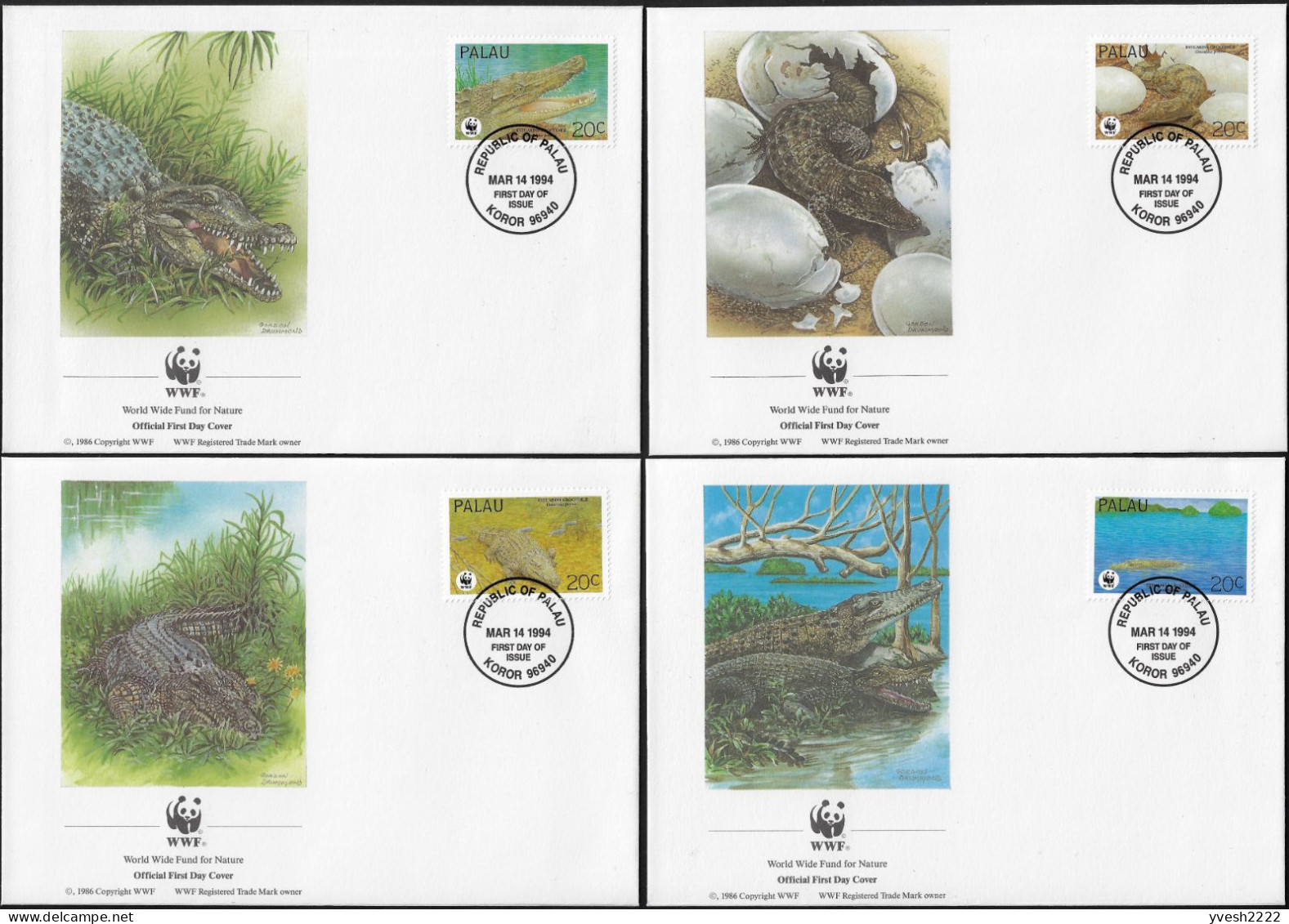 Palau 1994 Y&T 618 à 621 Sur FDC. WWF, Reptiles. Crocodylus Porosus, Le Crocodile Marin Ou Crocodile De Mer - Autres & Non Classés