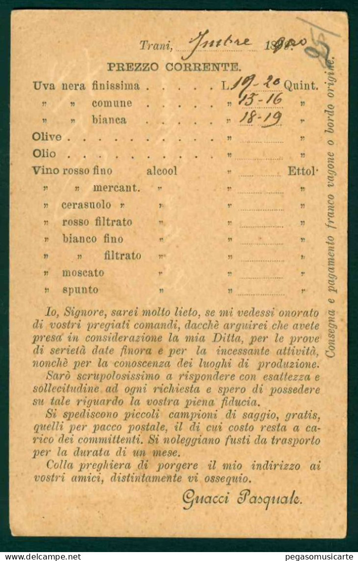 BB035 - GUACCI PASQUALE FU MICHELE MEDIAZIONI TRANI CARTOLINA COMMERCIALE PER ORTE 1900 - Shopkeepers