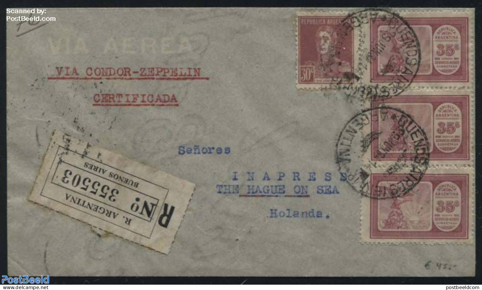 Argentina 1934 Zeppelin Condor Flight To Netherlands, Registered, Postal History, Transport - Zeppelins - Brieven En Documenten