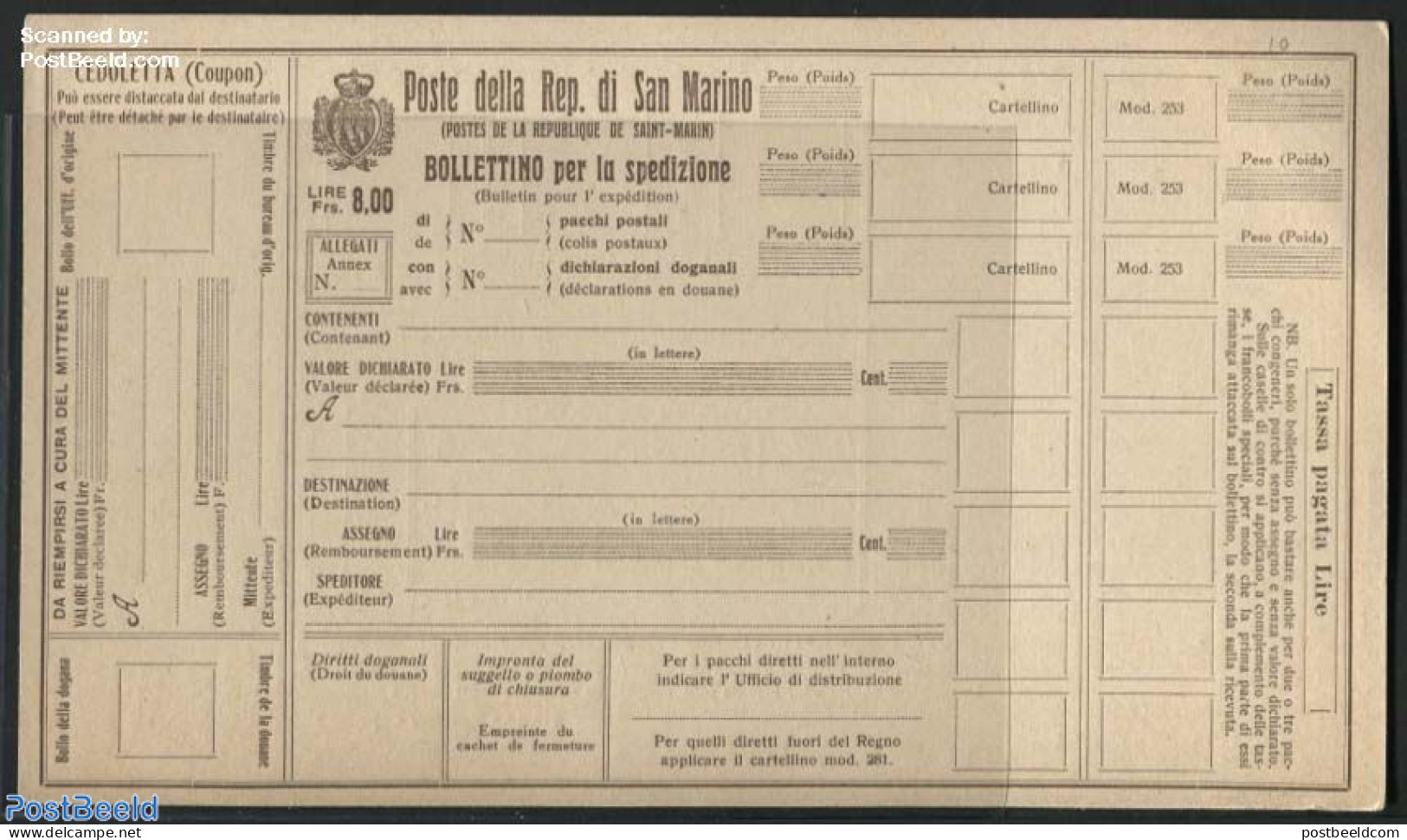 San Marino 1923 Parcel Card 8.00L, Unused Postal Stationary - Brieven En Documenten