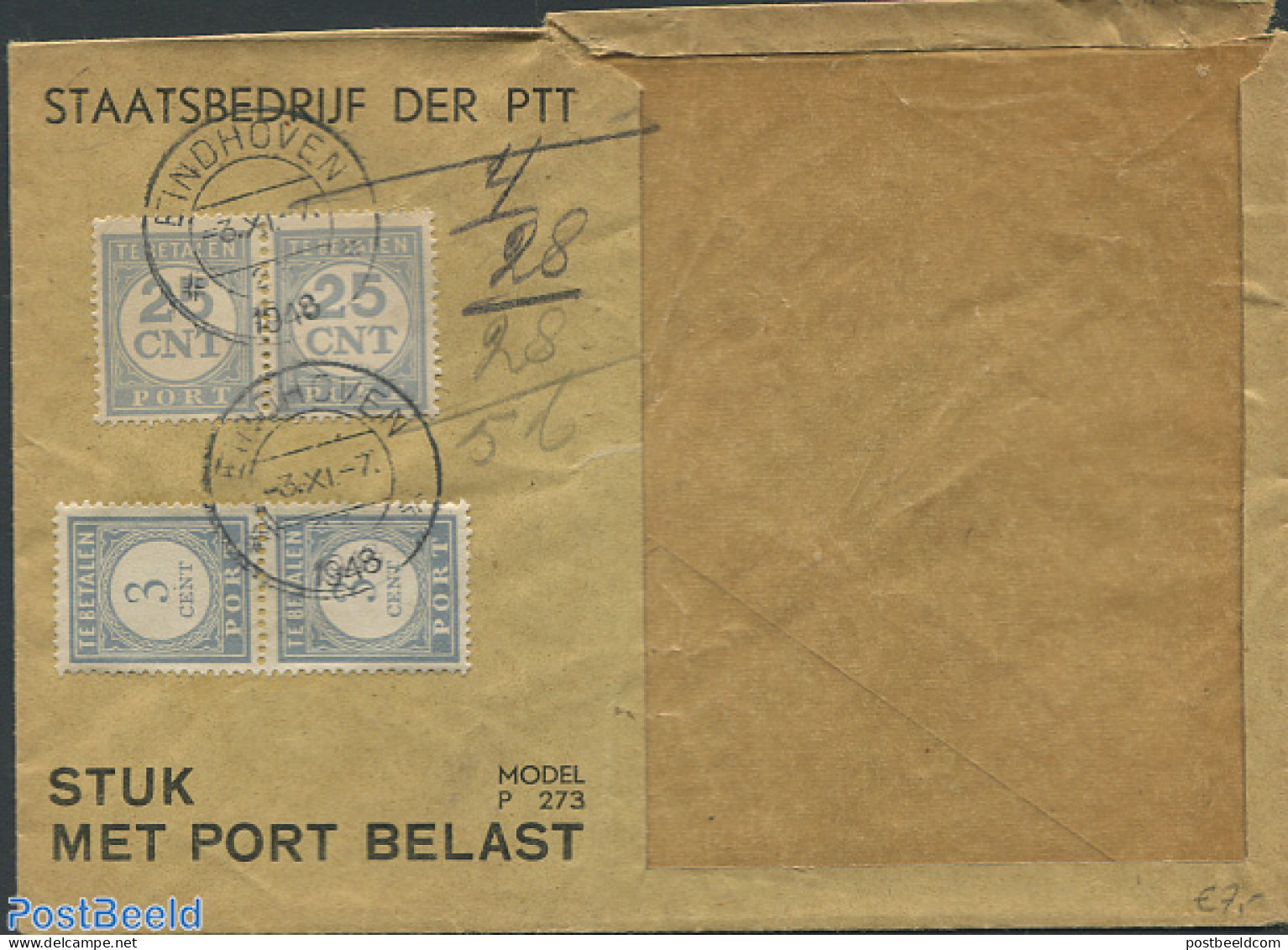 Netherlands 1948 Envelope From Holland, Postage Due 2x25cent And 2x3cent, Postal History - Briefe U. Dokumente